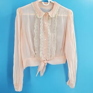 Vintage 70s sheer light pink button up blouse